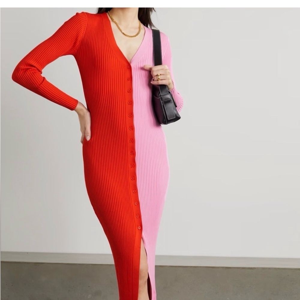 STAUD Two-Tone Ribbed Button-Front Midi Dress — Red & Pink - Picture 5 of 5